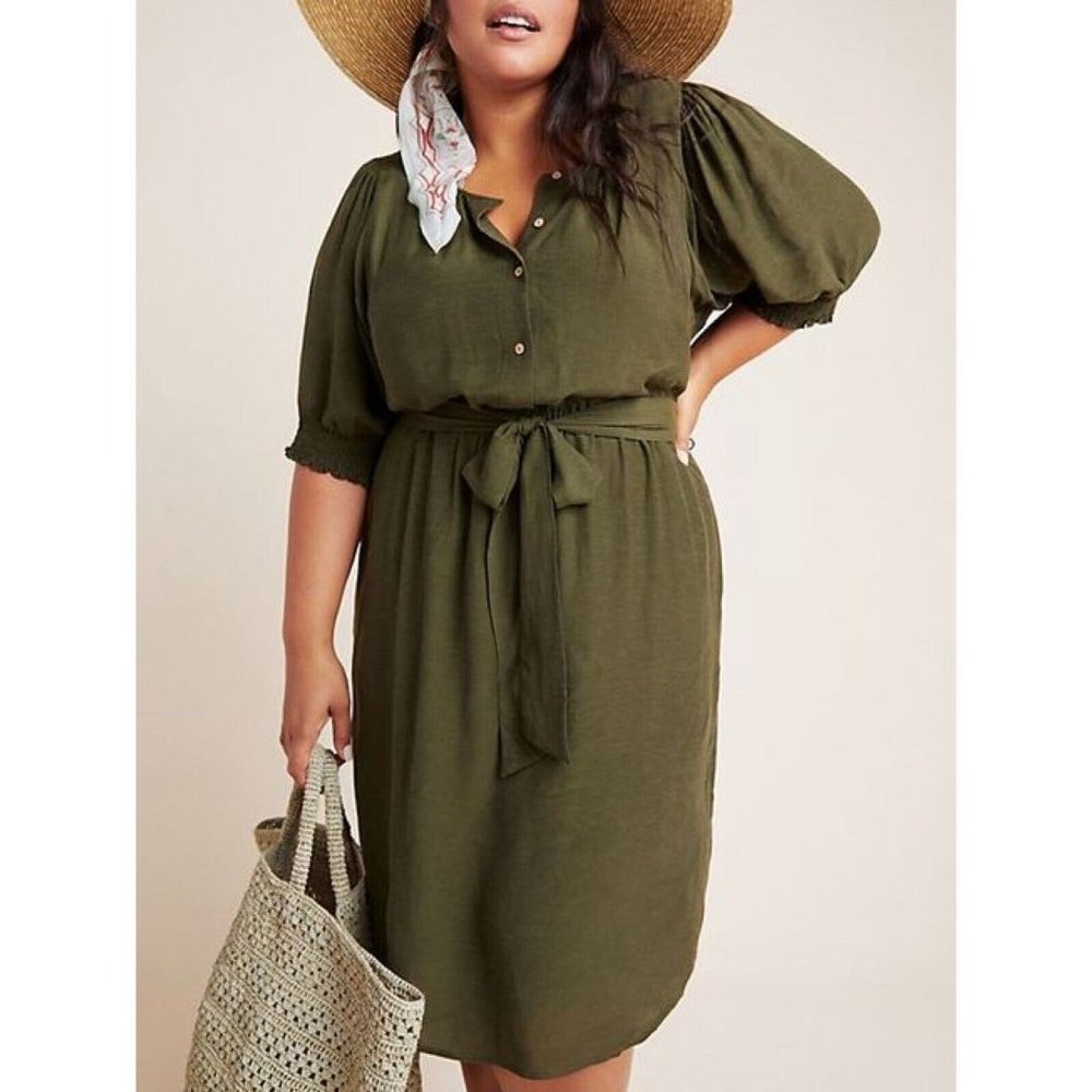Anthropologie Shirt Dress Womens Small Nicole Linen Blend Green Puff Sleeve - Picture 3 of 14